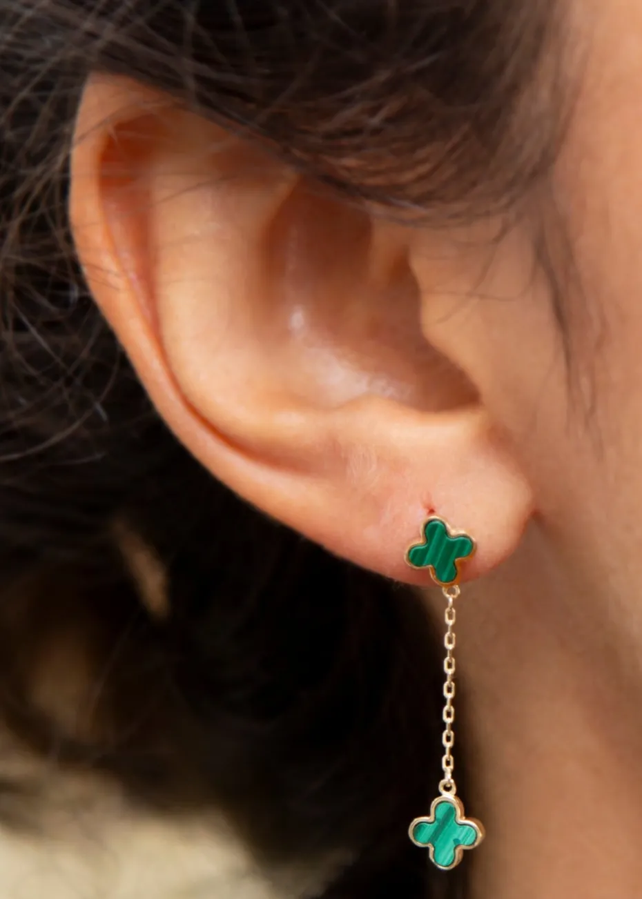 Golden Moments 9ct Yellow Gold Green Clover Petals Drop Stud Earrings