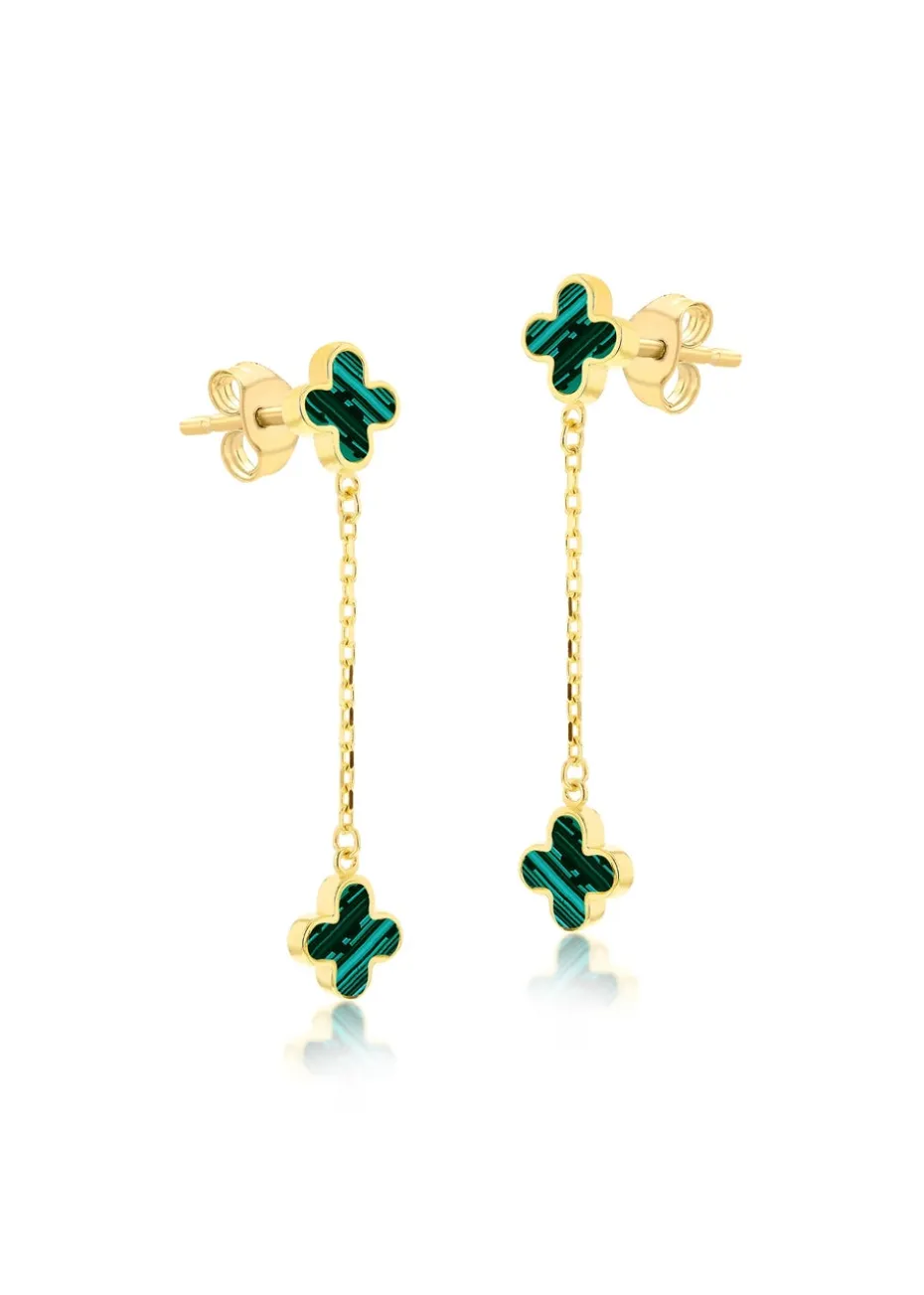 Golden Moments 9ct Yellow Gold Green Clover Petals Drop Stud Earrings
