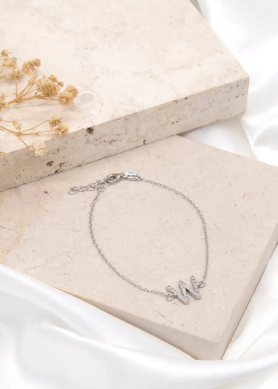 Golden Moments Sterling Silver CZ 'W' Initial Bracelet