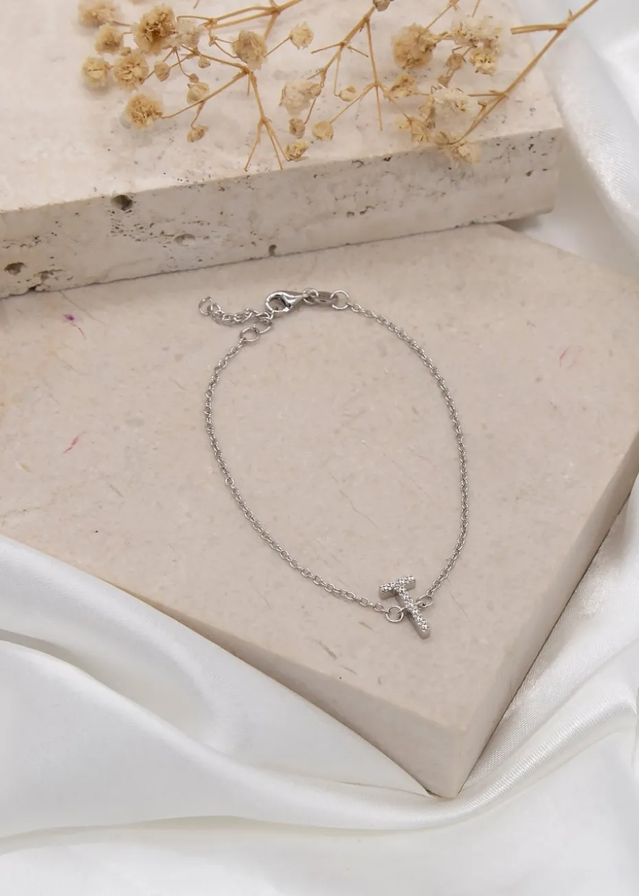 Golden Moments Sterling Silver CZ 'T' Initial Bracelet