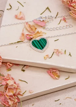 Golden Moments Sterling Silver Heart Malachite and CZ Necklace