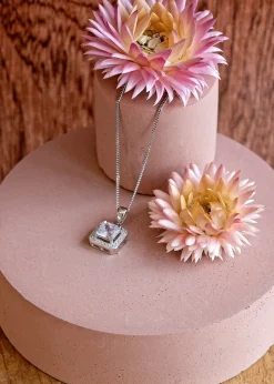 Golden Moments Sterling Silver CZ Square Necklace