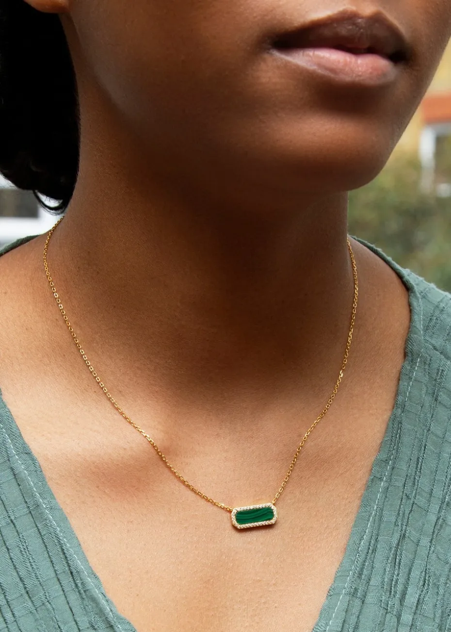 Golden Moments Yellow Gold Plated Octagonal Malachite and CZ Necklace