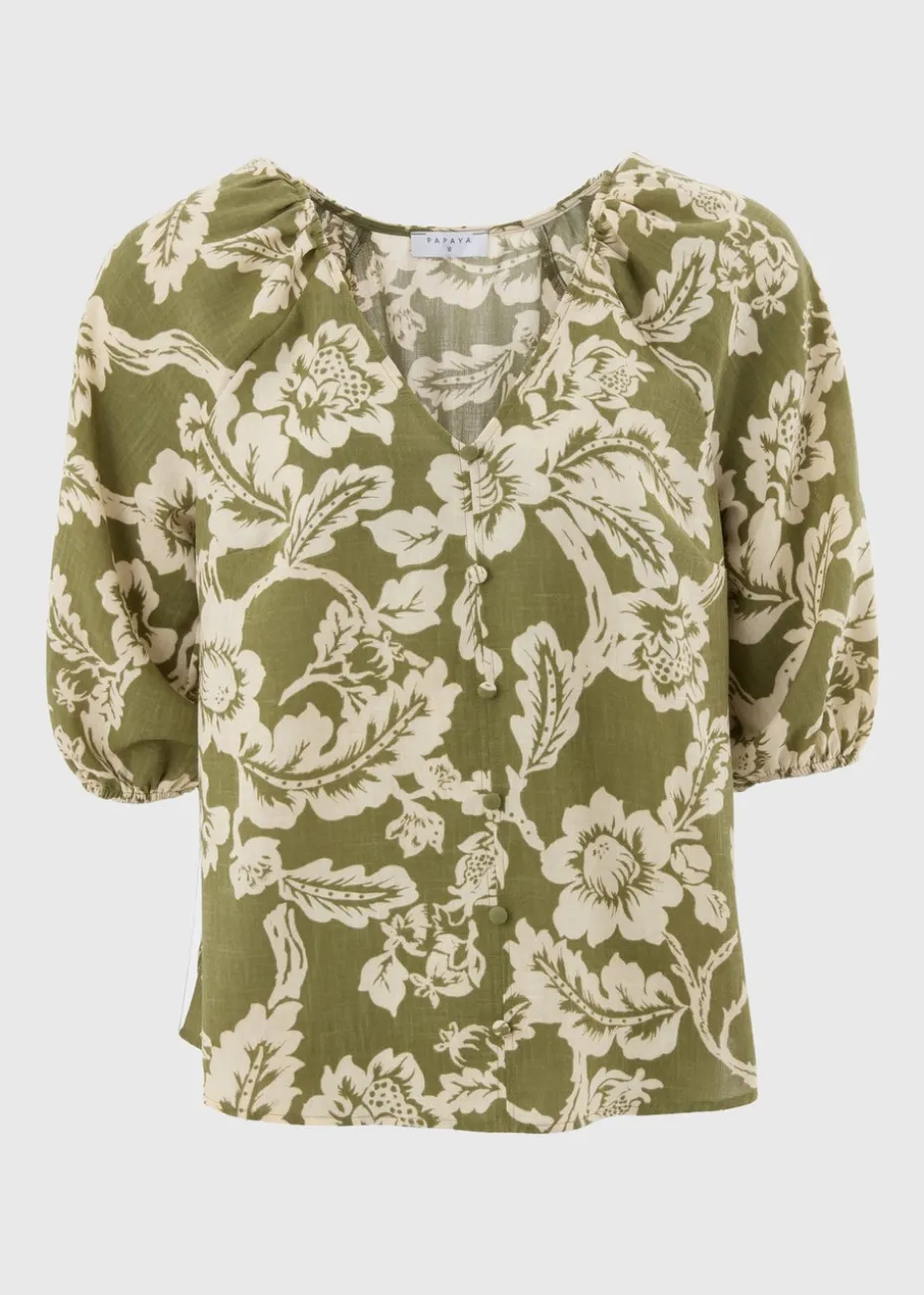 Green Floral V-Neck Tea Top