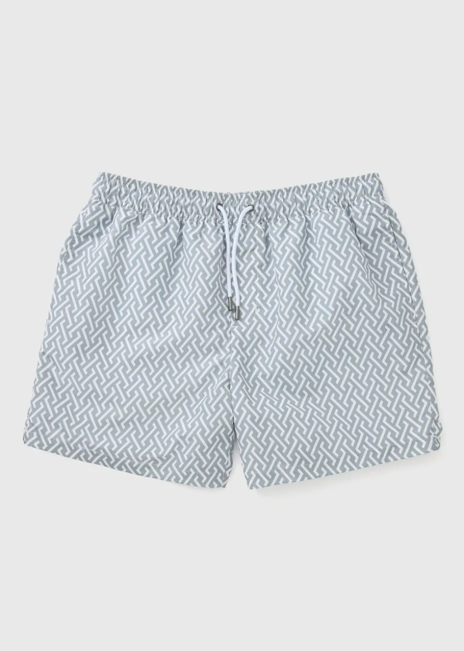 Grey Grid Print Swim Shorts