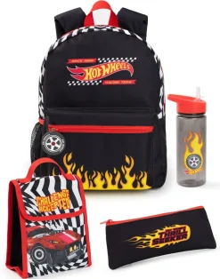 Hot Wheels Checkerboard Flame Kids Black 4 Piece Backpack Set