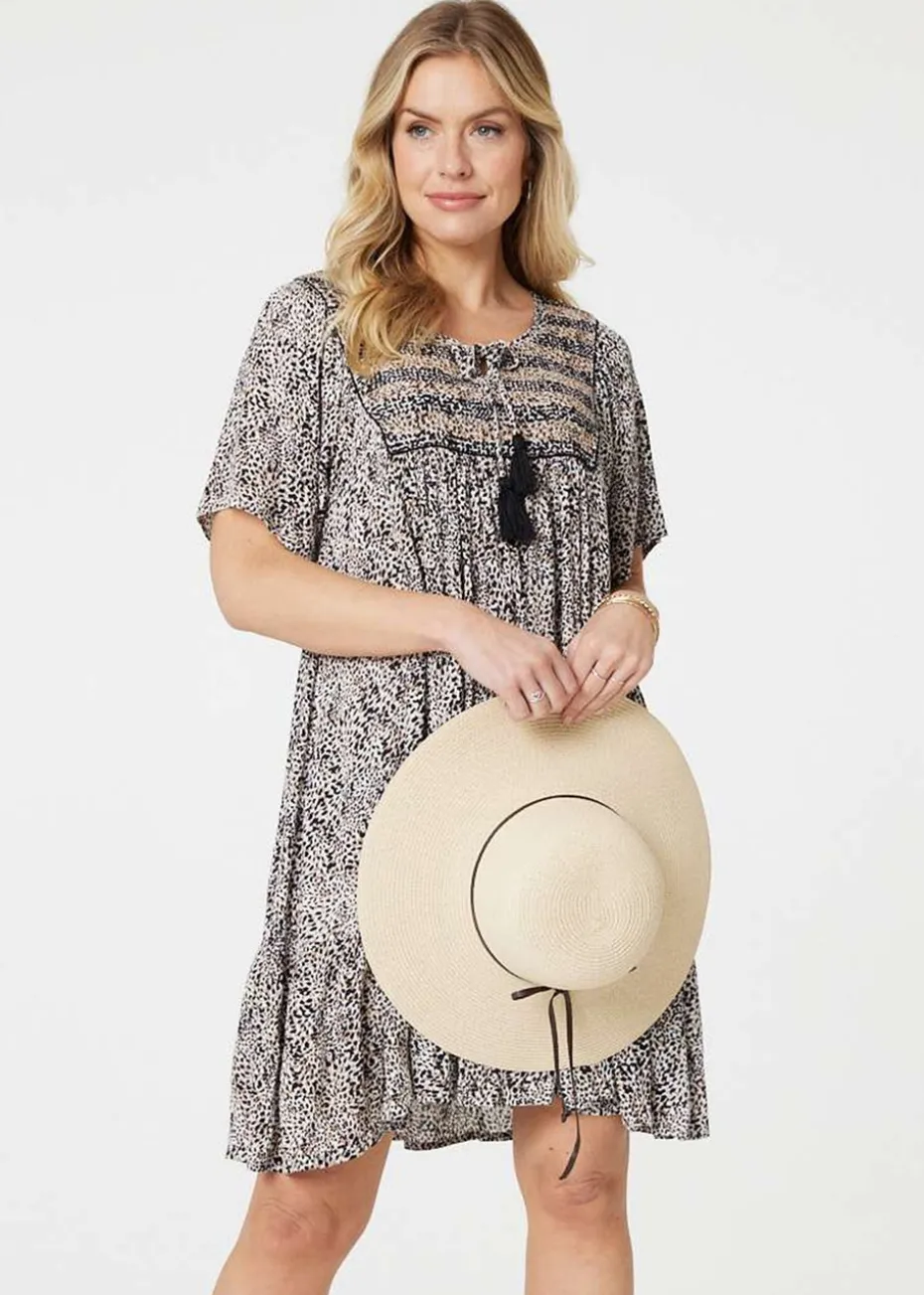 Izabel London Beige Animal Print Knee Length Smock Dress