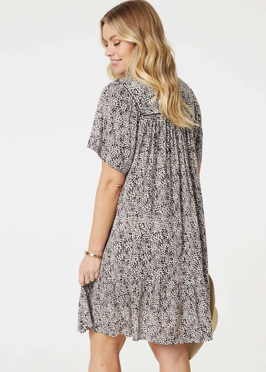 Izabel London Beige Animal Print Knee Length Smock Dress