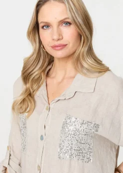 Izabel London Beige Sequin Detail 3/4 Turn-Up Sleeve Shirt