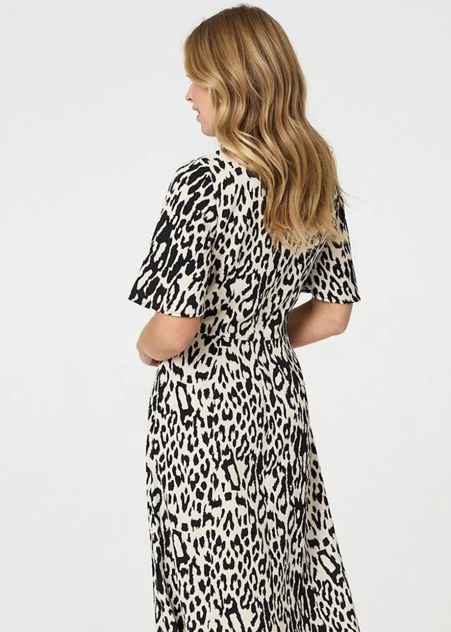 Izabel London Black Animal Print Flare Midi Dress