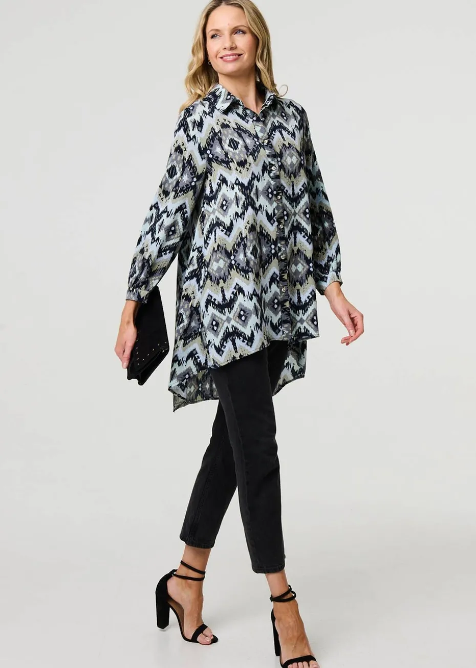 Izabel London Black Aztec Print High Low Long Sleeve Shirt