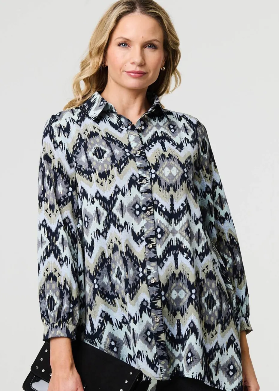Izabel London Black Aztec Print High Low Long Sleeve Shirt