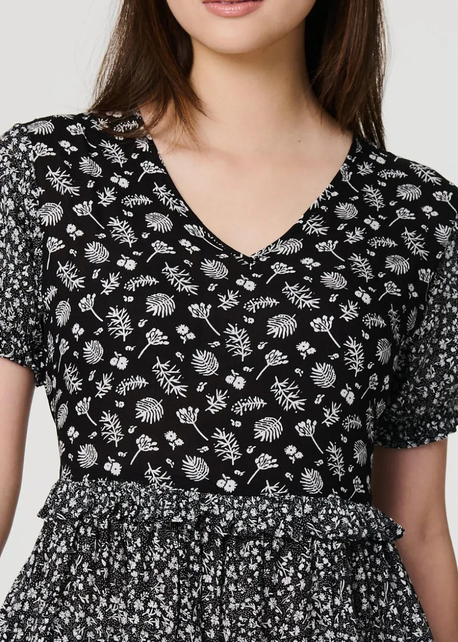 Izabel London Black Floral Short Sleeve Tiered Skater Dress
