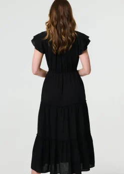 Izabel London Black Ruched Tiered Cap Sleeve Midi Dress