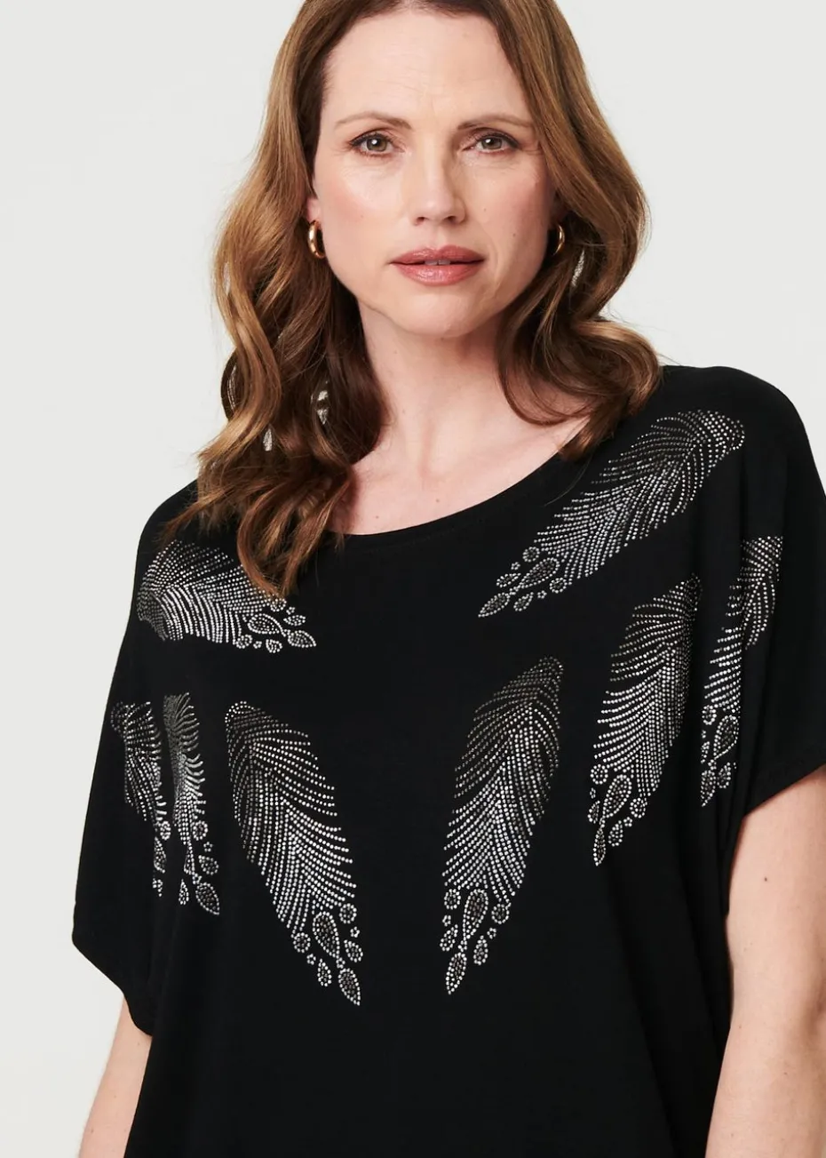 Izabel London Black Sparkly Feather Print Relaxed T-Shirt