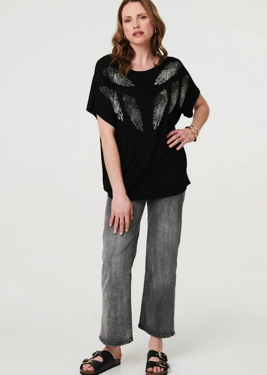 Izabel London Black Sparkly Feather Print Relaxed T-Shirt