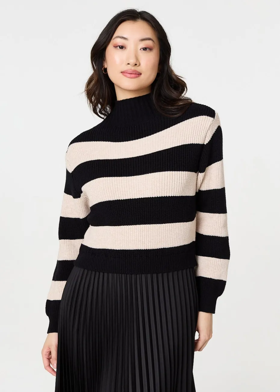 Izabel London Black Striped High Neck Pleat Knit Maxi Dress