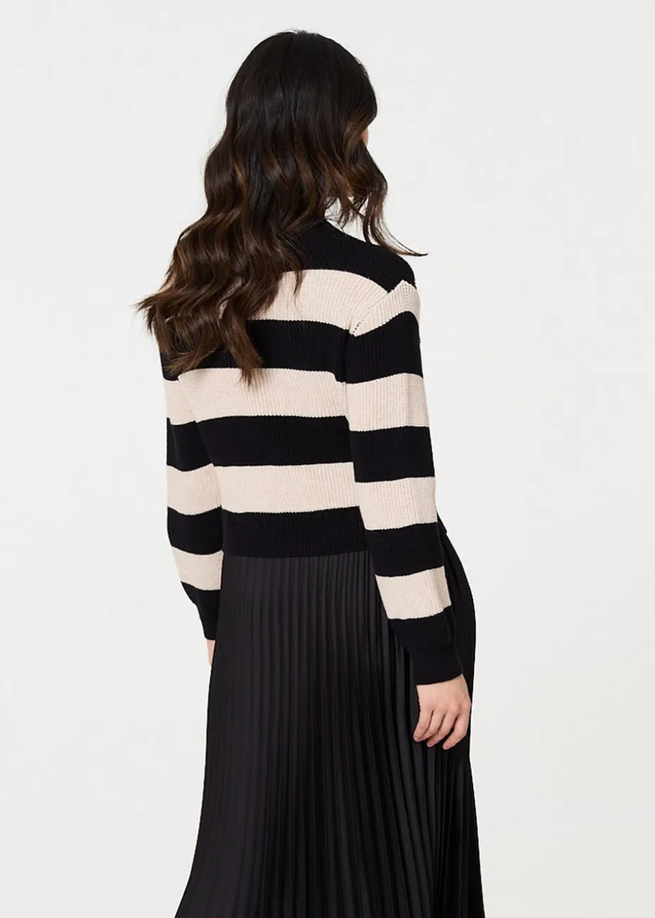 Izabel London Black Striped High Neck Pleat Knit Maxi Dress