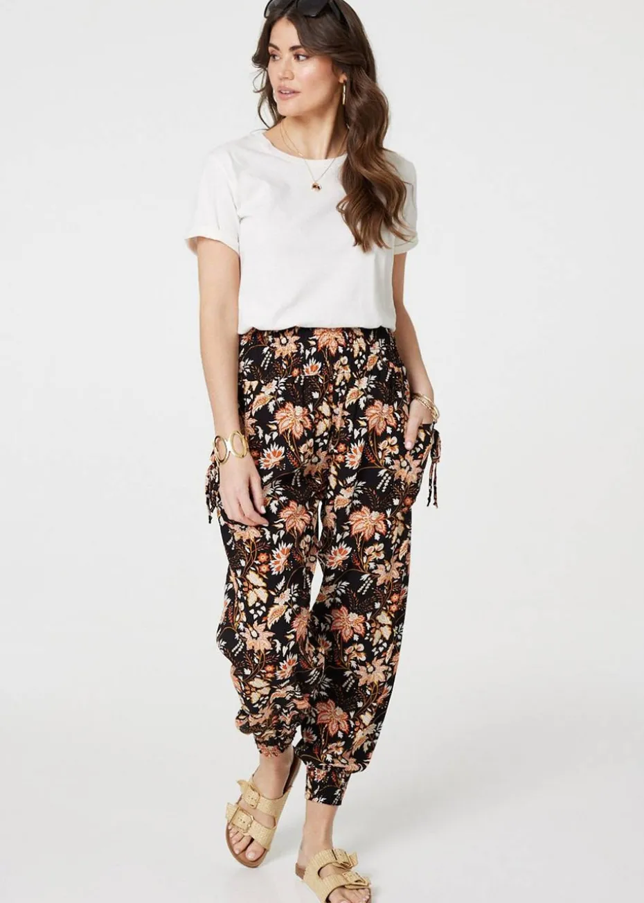 Izabel London Black Vintage Floral Shirred Waist Harem Pants