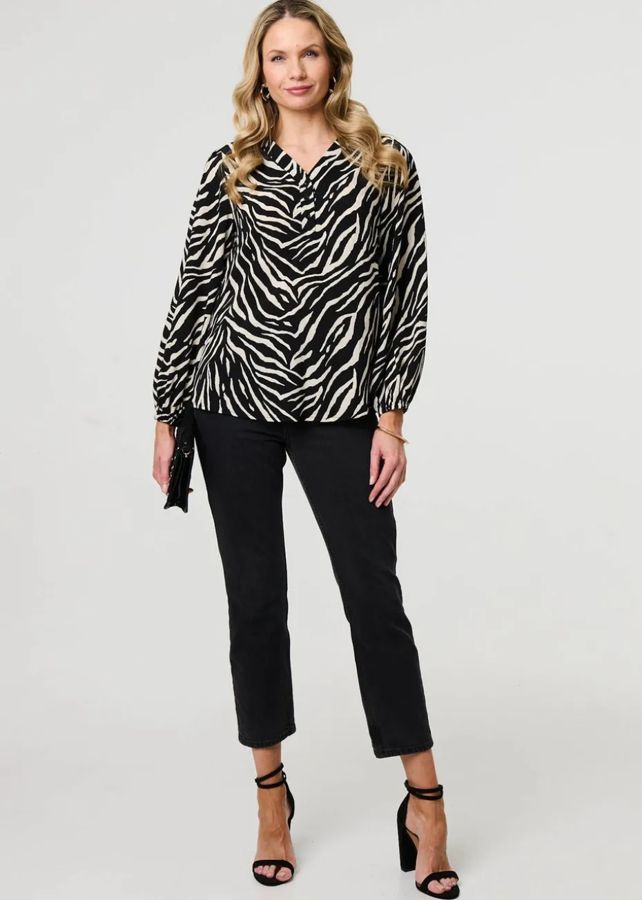Izabel London Black Zebra Print V-Neck Long Sleeve Blouse