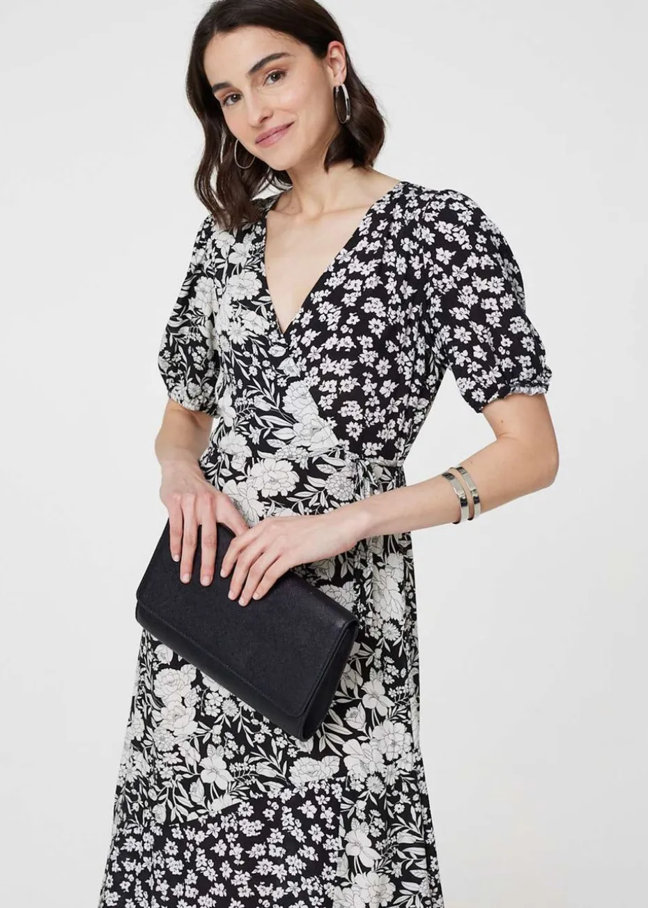 Izabel London Black/White Floral 1/2 Sleeve Midi Wrap Dress