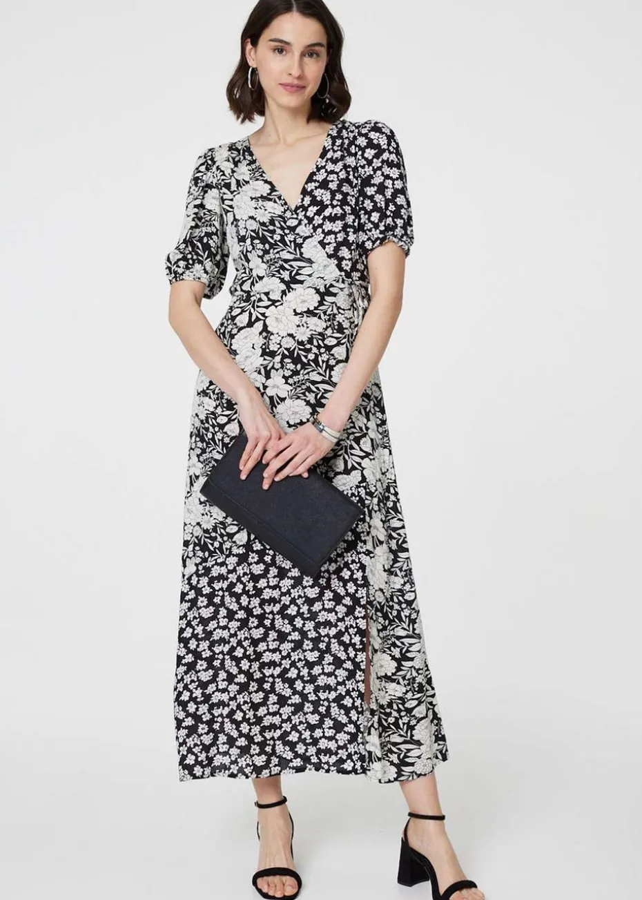 Izabel London Black/White Floral 1/2 Sleeve Midi Wrap Dress