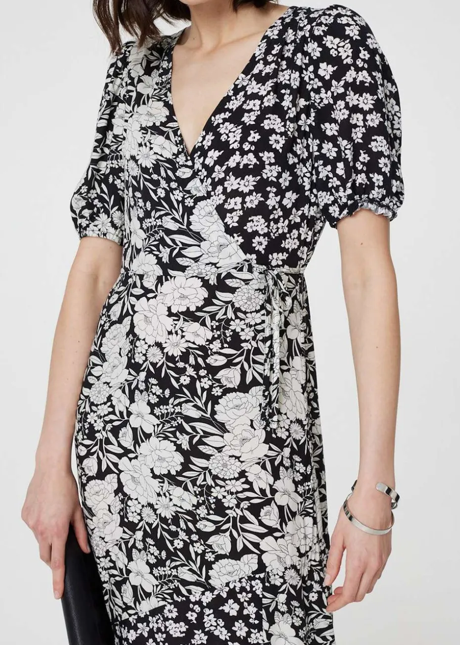 Izabel London Black/White Floral 1/2 Sleeve Midi Wrap Dress