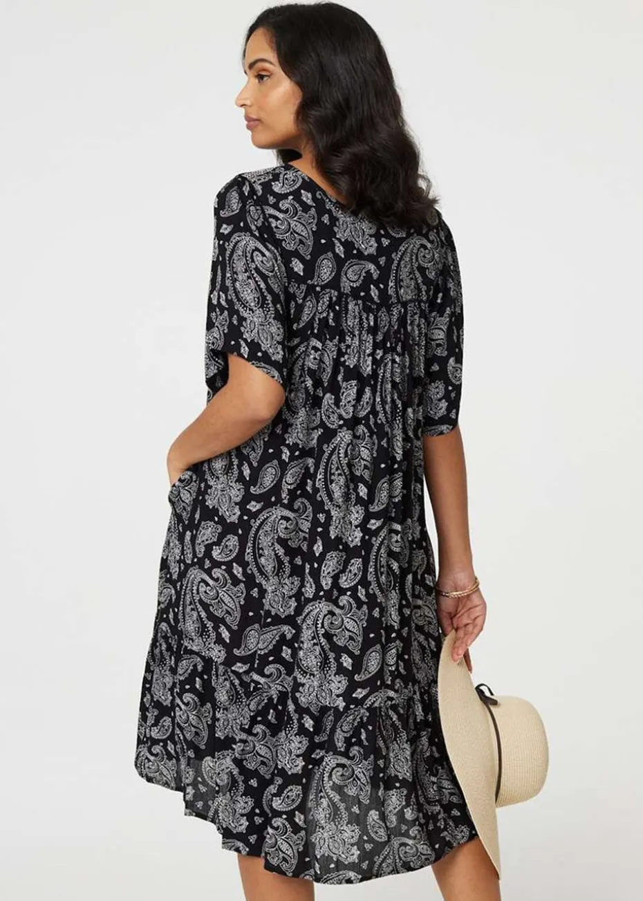 Izabel London Black/White Paisley Print Keyhole Neck Relaxed Dress