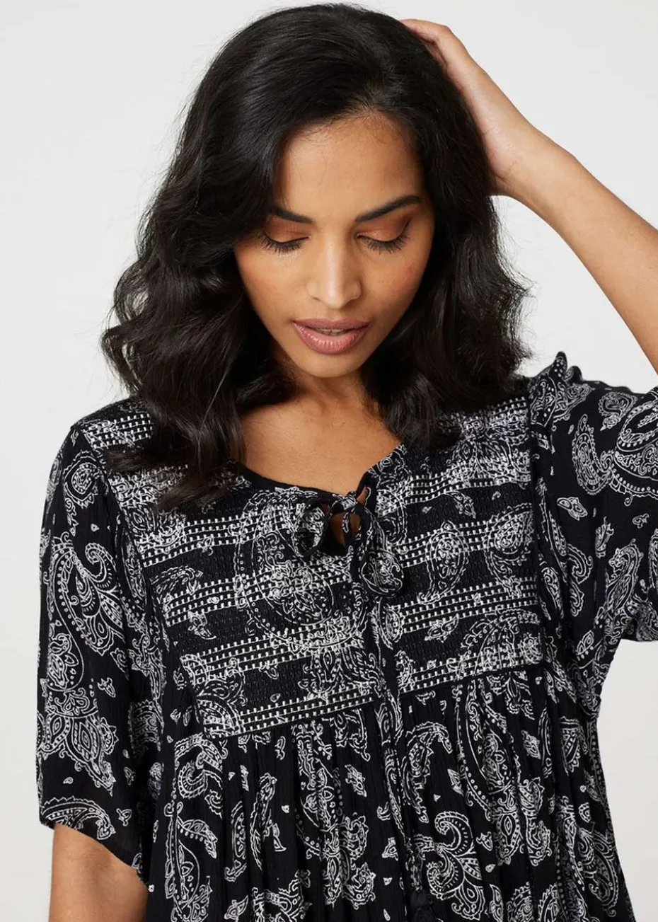 Izabel London Black/White Paisley Print Keyhole Neck Relaxed Dress