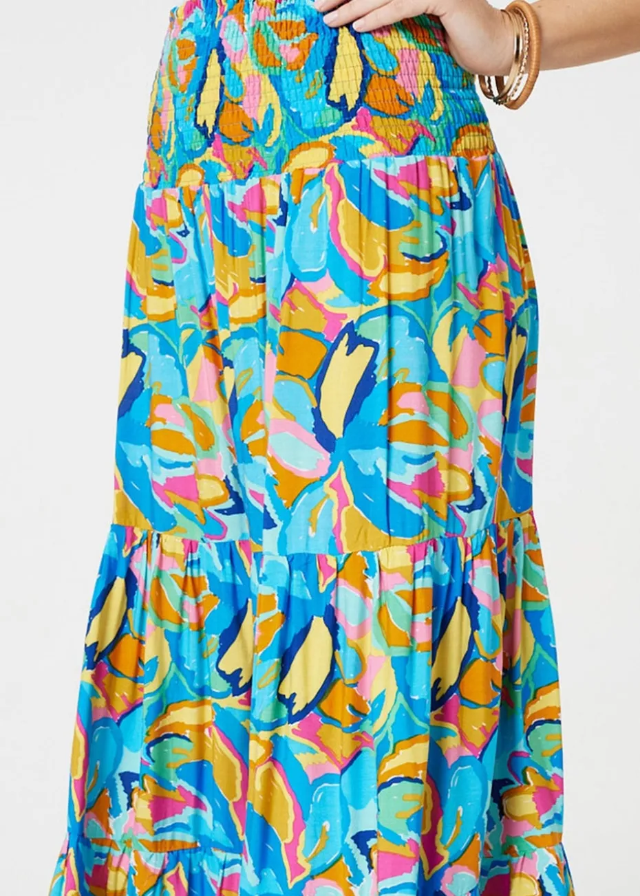 Izabel London Blue Abstract Shirred High Waist Maxi Skirt