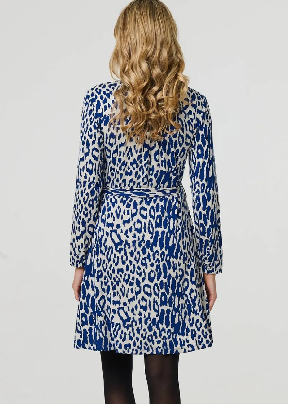 Izabel London Blue Animal Print Long Sleeve Short Shirt Dress