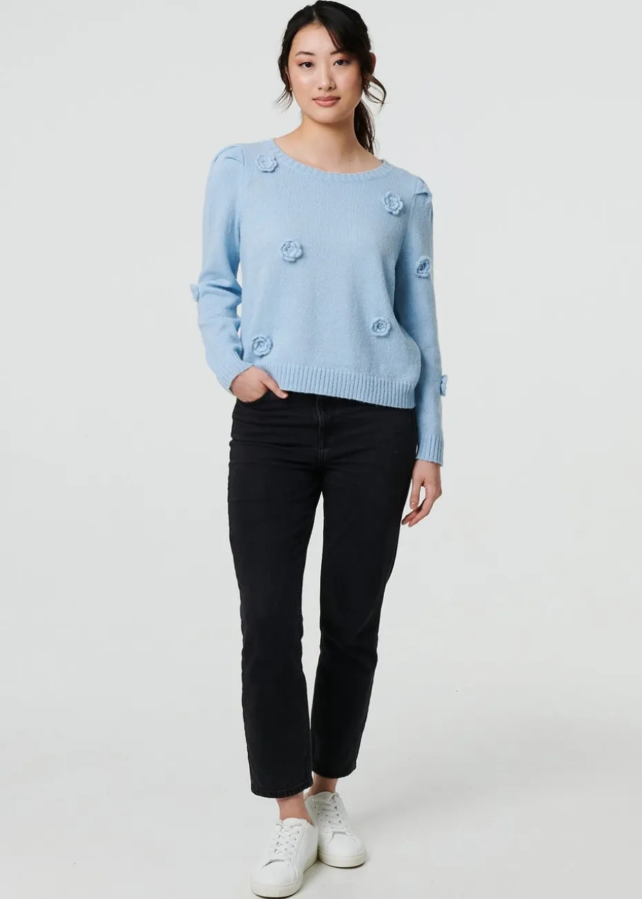 Izabel London Blue Floral Embroidered Cropped Jumper