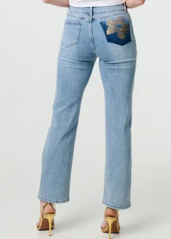 Izabel London Blue Floral Pocket Patch Straight Fit Jeans
