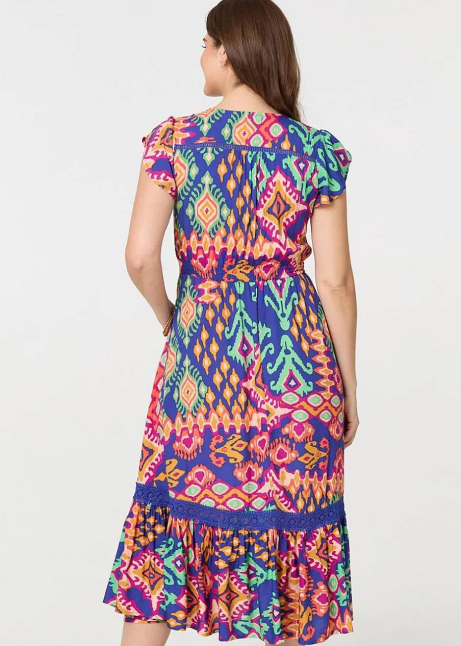 Izabel London Blue Ikat Print Lace Trim Midi Smock Dress