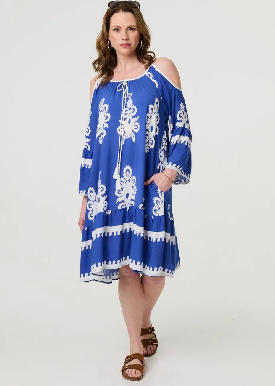 Izabel London Blue Ikat Print Cut Out Knee Length Sun Dress