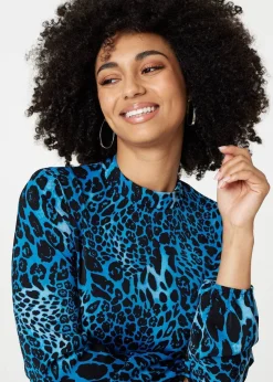 Izabel London Blue Leopard Print Long Sleeve Mini Dress
