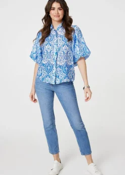 Izabel London Blue Paisley Print Puff 1/2 Sleeve Shirt