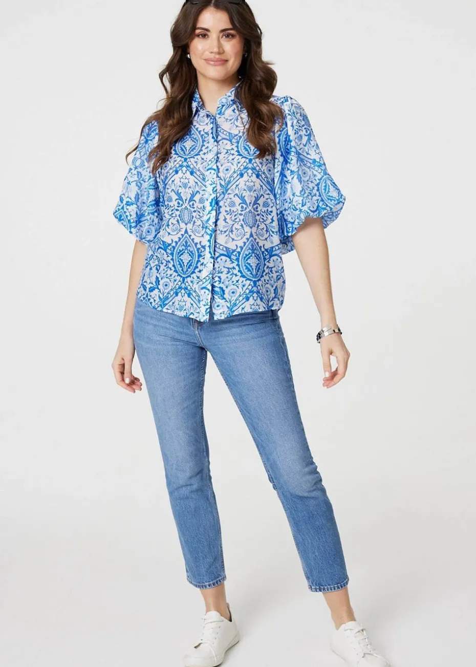 Izabel London Blue Paisley Print Puff 1/2 Sleeve Shirt