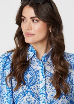 Izabel London Blue Paisley Print Puff 1/2 Sleeve Shirt