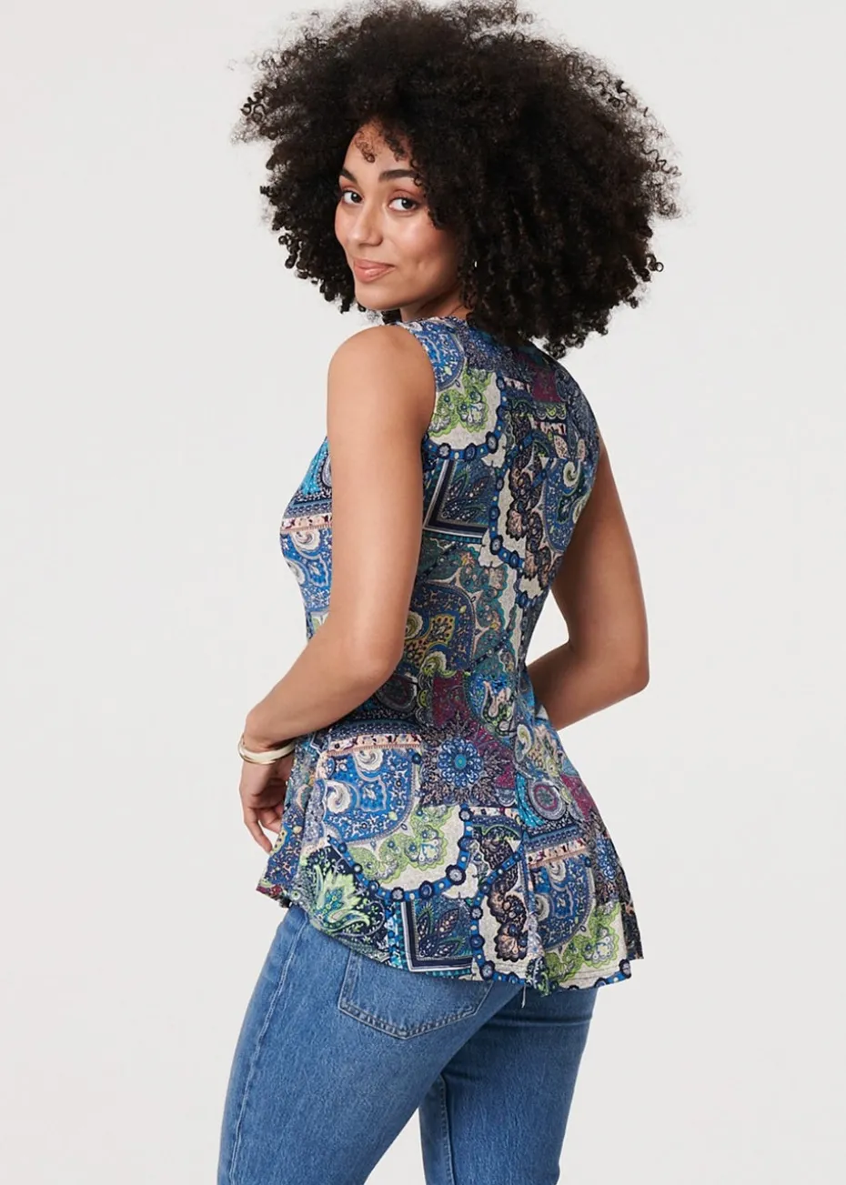 Izabel London Blue Paisley Sleeveless Round Neck Top