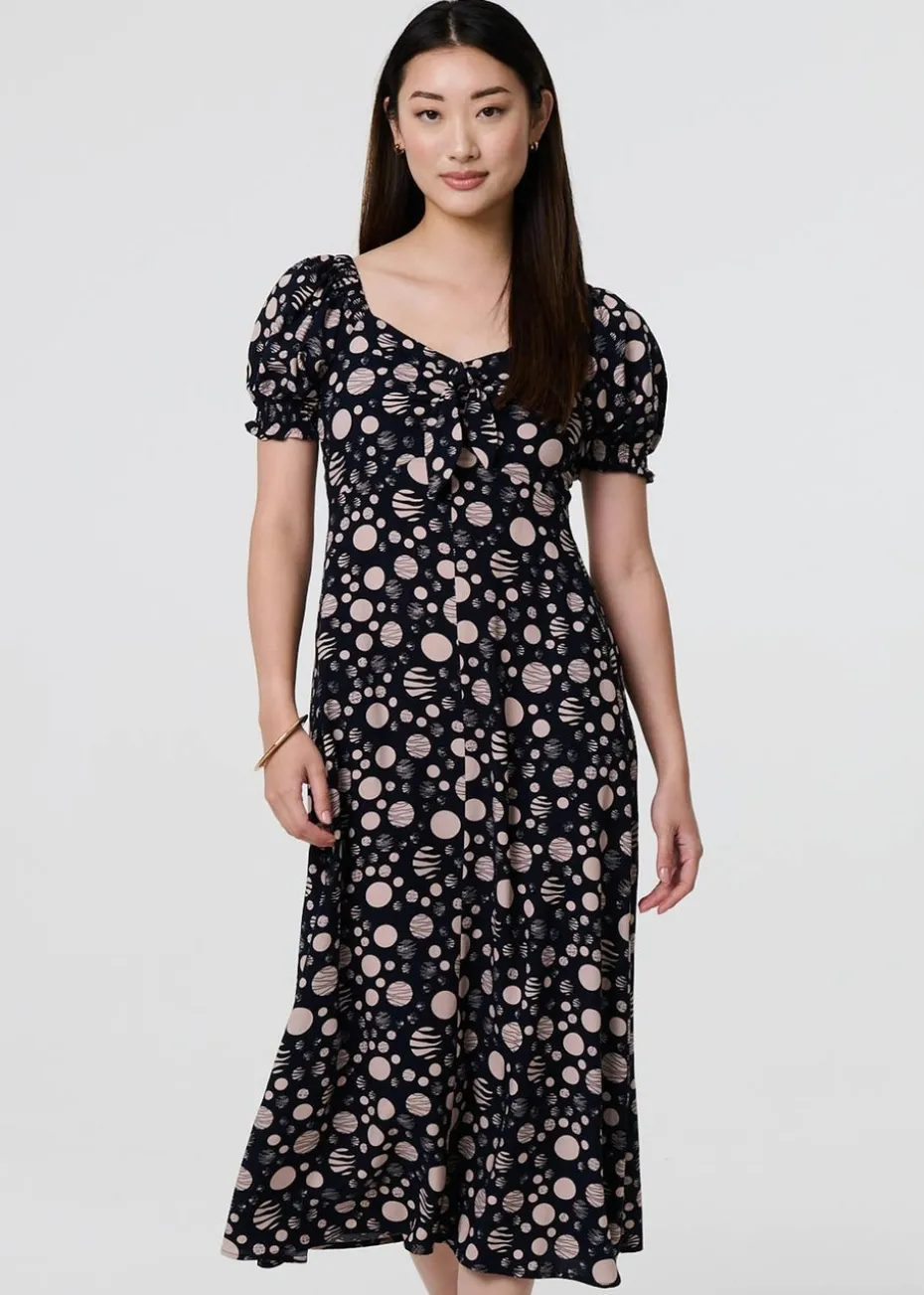 Izabel London Blue Polka Dot Print Tie Neck Midi Dress