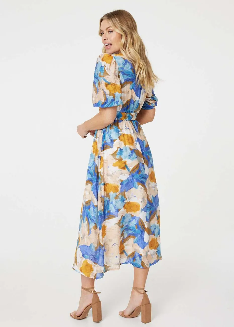 Izabel London Blue Printed 1/2 Sleeve Belted Midi Dress