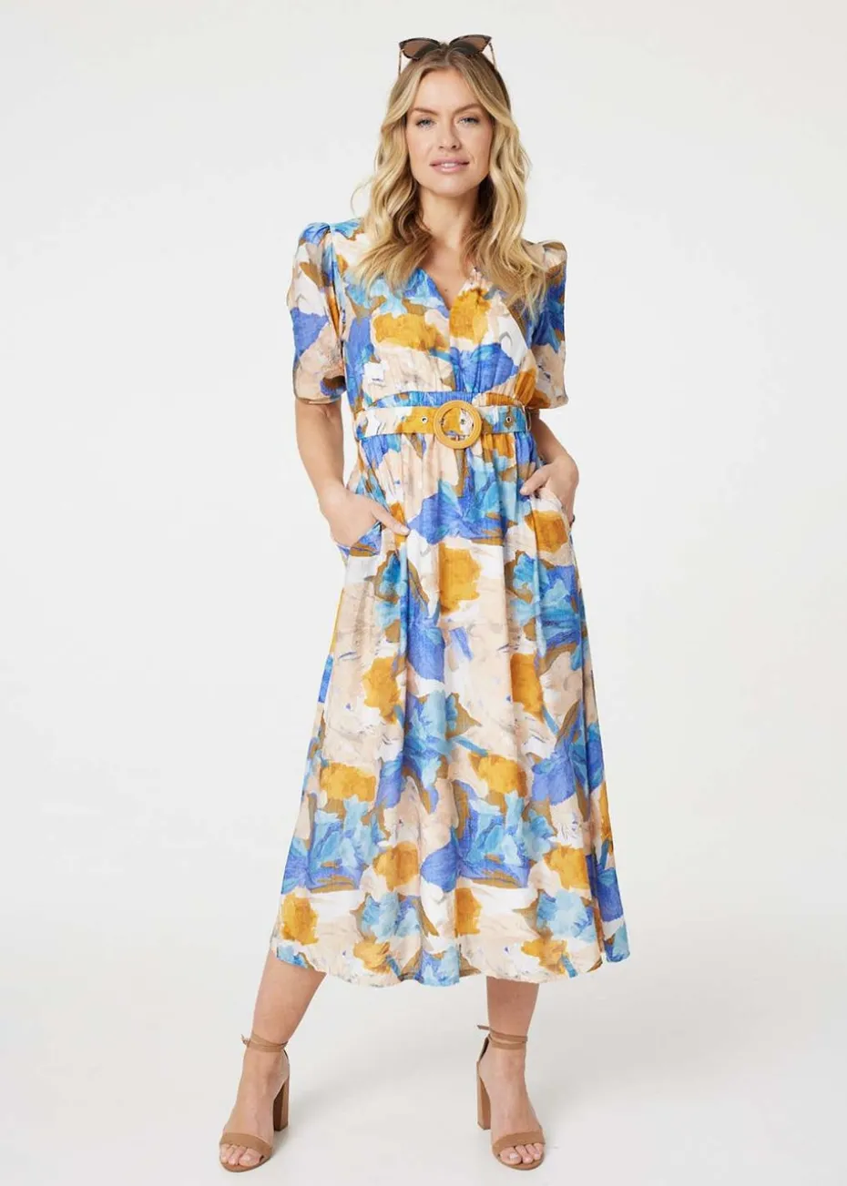 Izabel London Blue Printed 1/2 Sleeve Belted Midi Dress