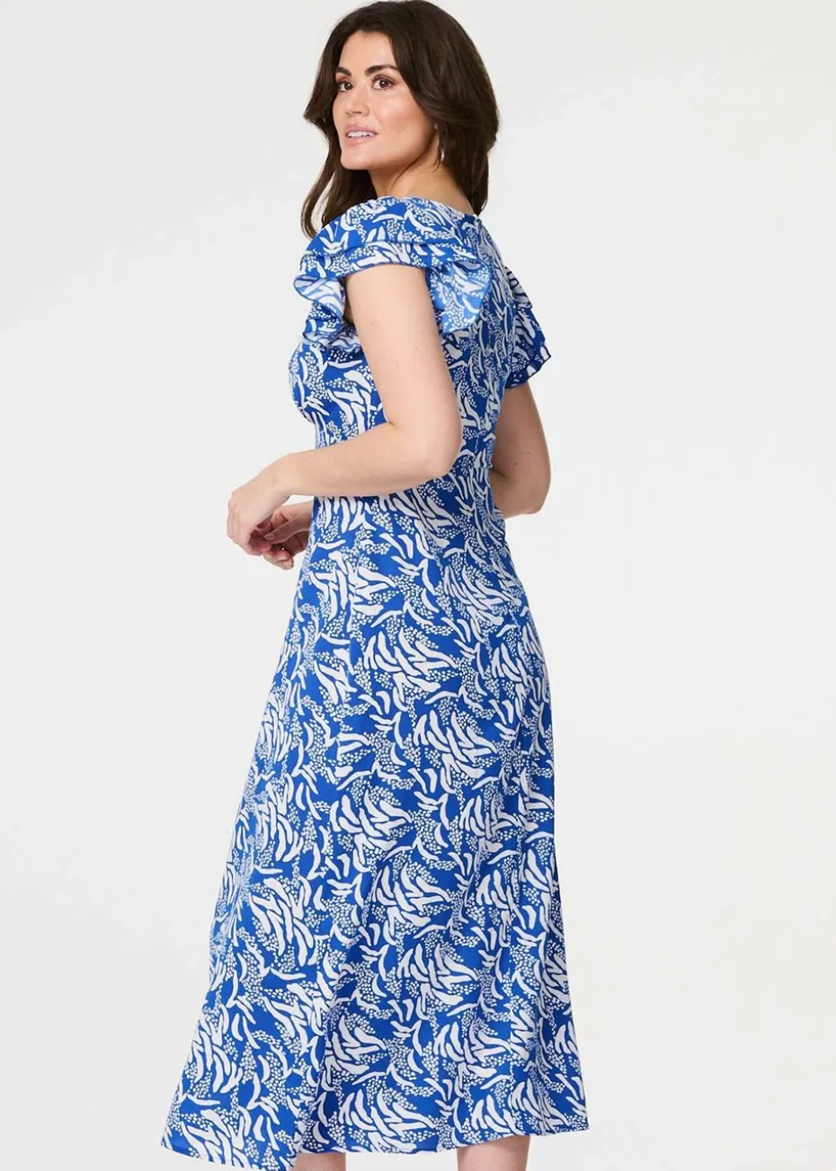 Izabel London Blue Printed Frill Cap Sleeve Midi Dress