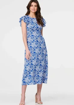 Izabel London Blue Printed Frill Cap Sleeve Midi Dress