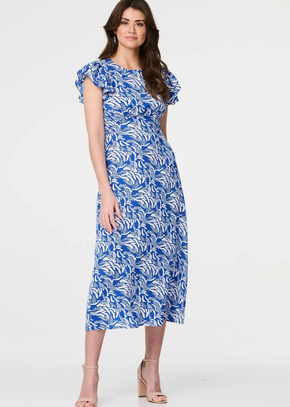 Izabel London Blue Printed Frill Cap Sleeve Midi Dress