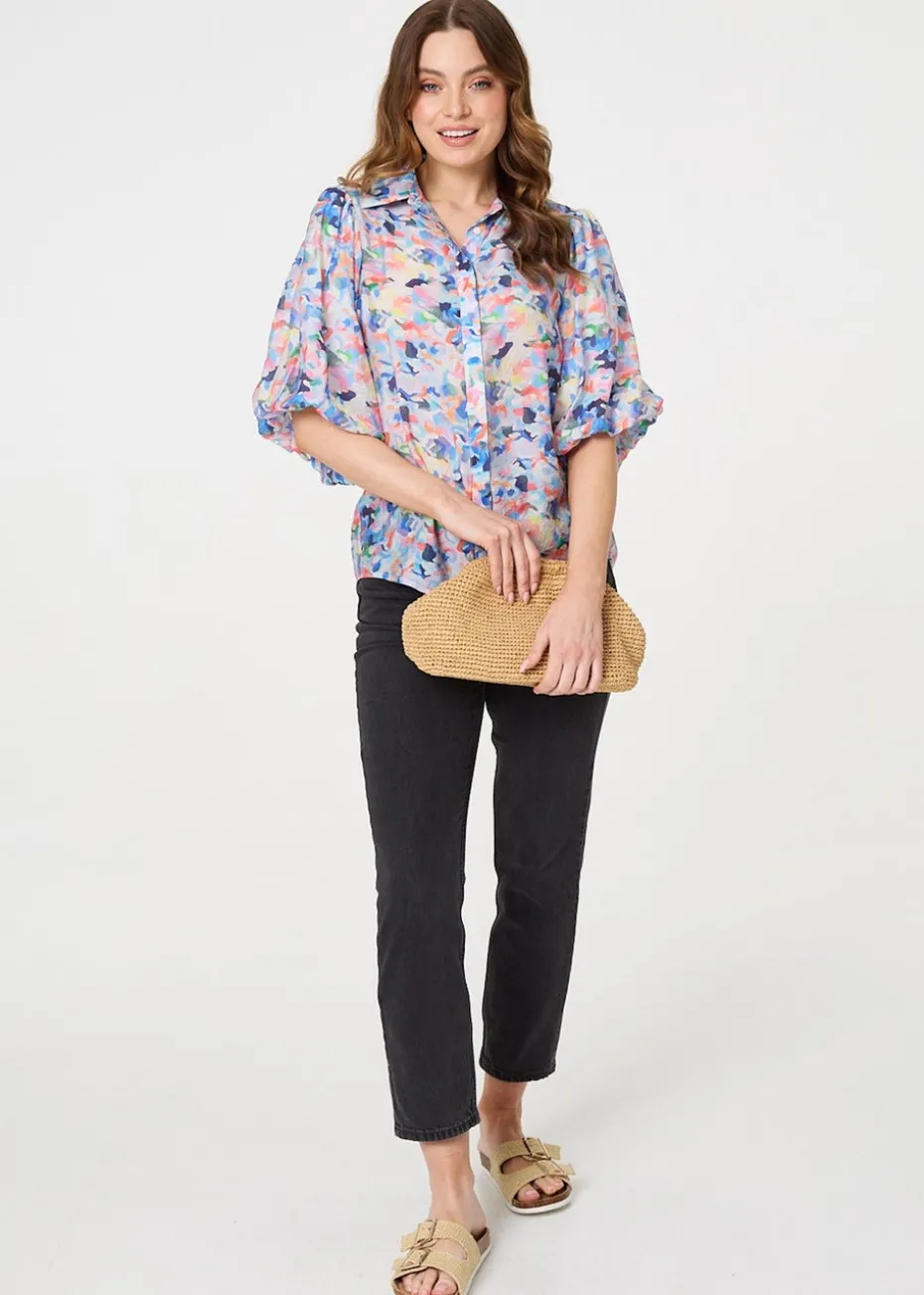 Izabel London Blue Printed Puff Sleeve Collared Shirt