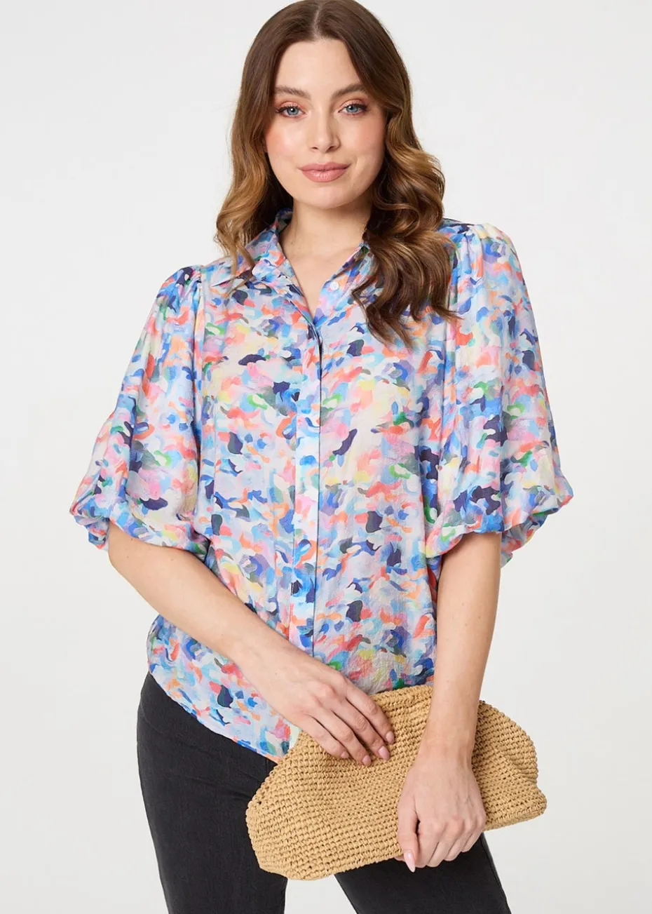 Izabel London Blue Printed Puff Sleeve Collared Shirt