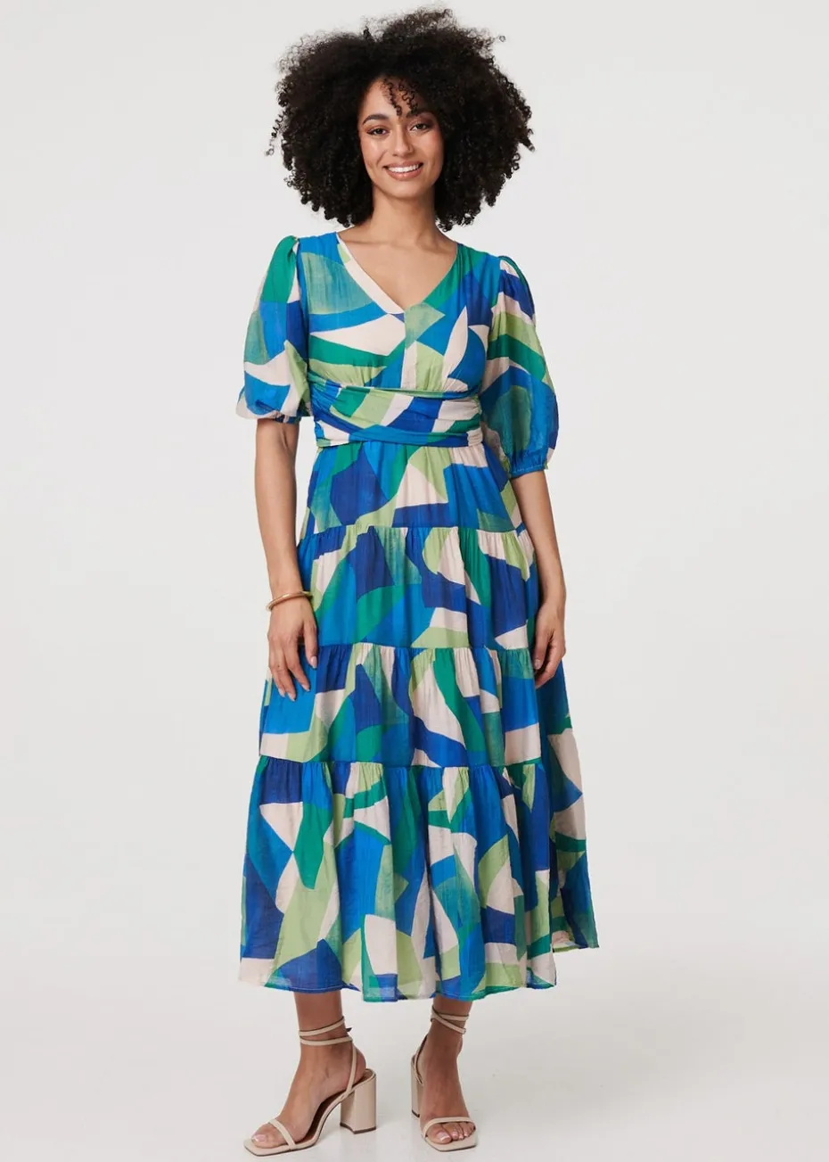 Izabel London Green Abstract Ruched 3/4 Sleeve Midi Dress