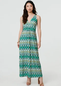Izabel London Green Abstract Print Sleeveless V-Neck Maxi Dress